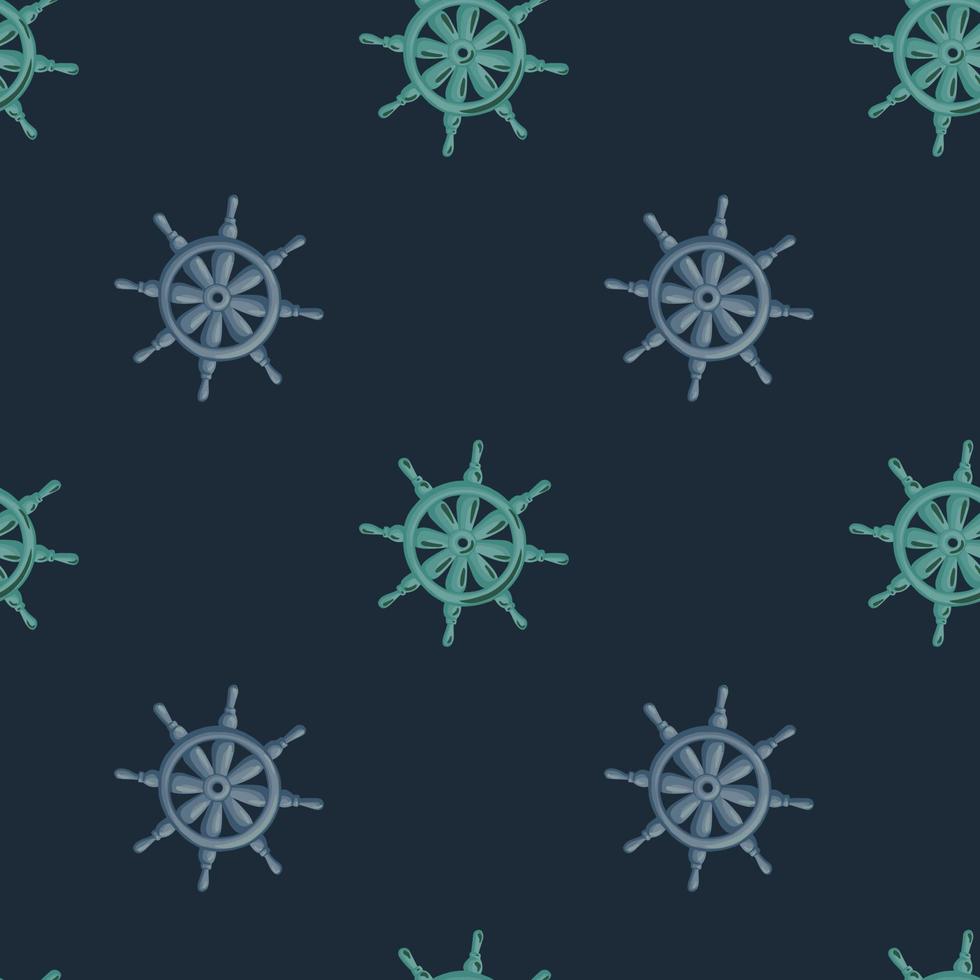 patrón decorativo sin costuras con estampado de timón de barco lila y azul. fondo oscuro siluetas antiguas. vector