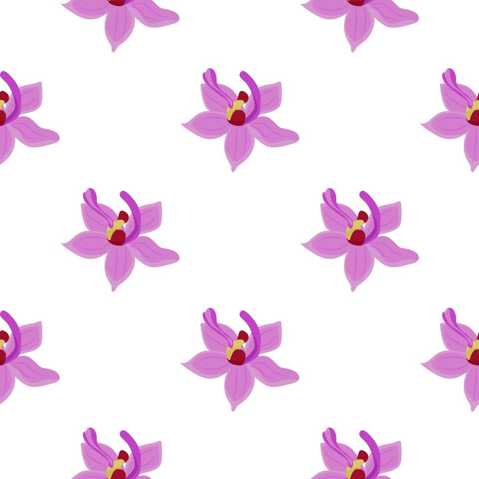 Lilac orchid flowers seamless pattern in botanic style. Doodle floral backdrop. Isolated print. vector