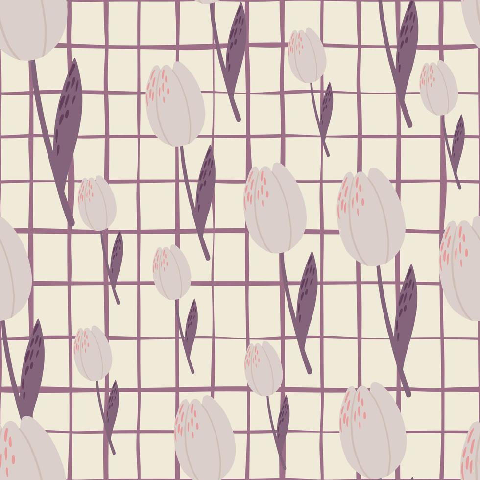 Random seamless tulip silhouettes pattern. Chequered background. Pale pink and purple tones palette artwork. vector