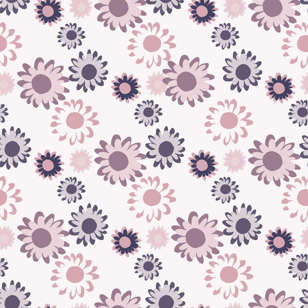 Isolated floral seamless pattern with daisy flowers. Botanic elements in purple and lilac tones on white background. vector