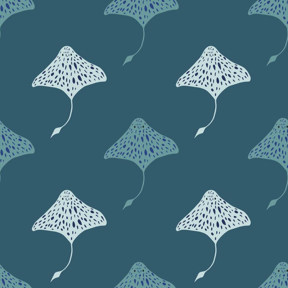 Aqua seamless underwater pattern with hand drawn stingray shapes. Navy blue pale background. vector