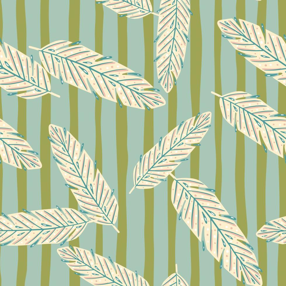 Decorative bohemian seamless pattern with random feather elements. Green and blue colored striped background. vector