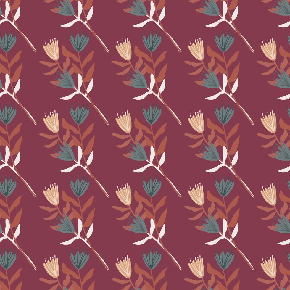 Little tulips seamless hand drawn pattern. Simple botanic ornament with orange and green elements on maroon background. vector