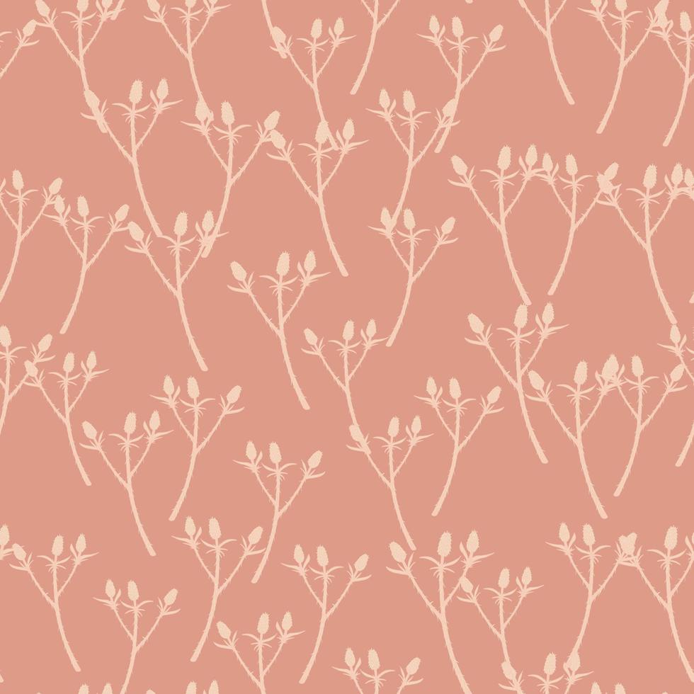 Random pale seamless thorn branches pattern. Botanic style with light ornament and soft pink backround. vector