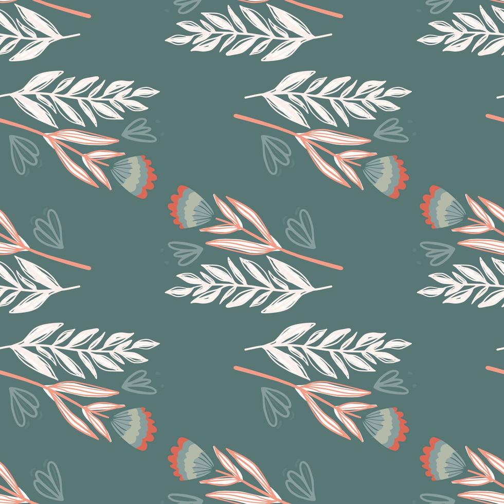 Pastel palette floral bouquet seamless pattern. Branches and flowers in pink and white tones on pale blue background. vector