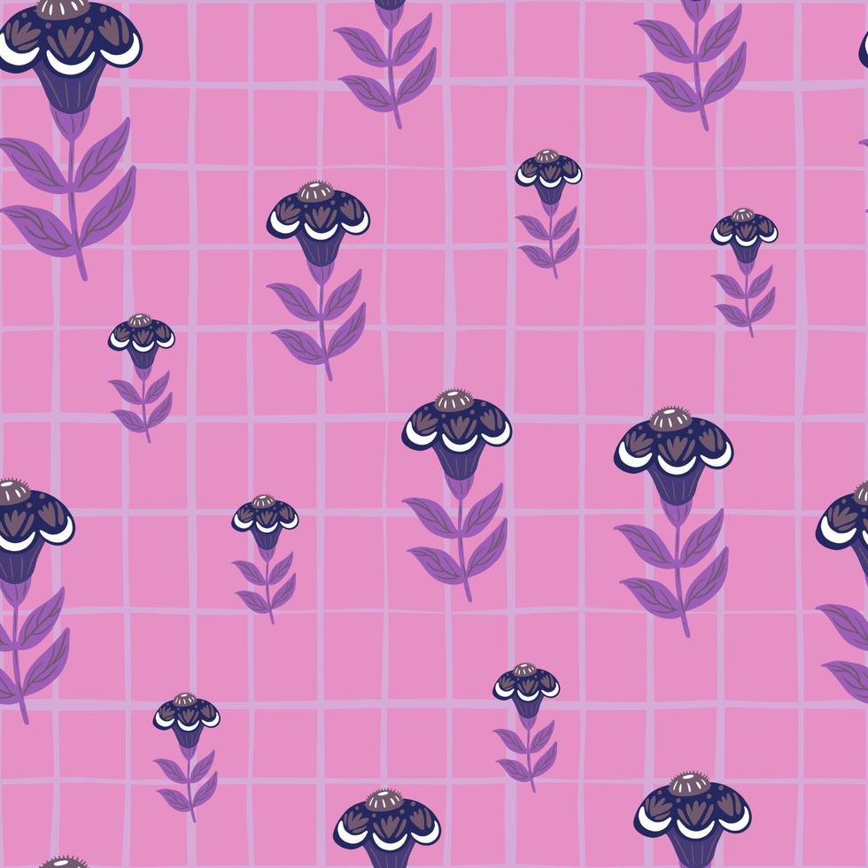 Seamless random pattern with purple folk flower silhouettes print. Chequered pink background. Doodle print. vector