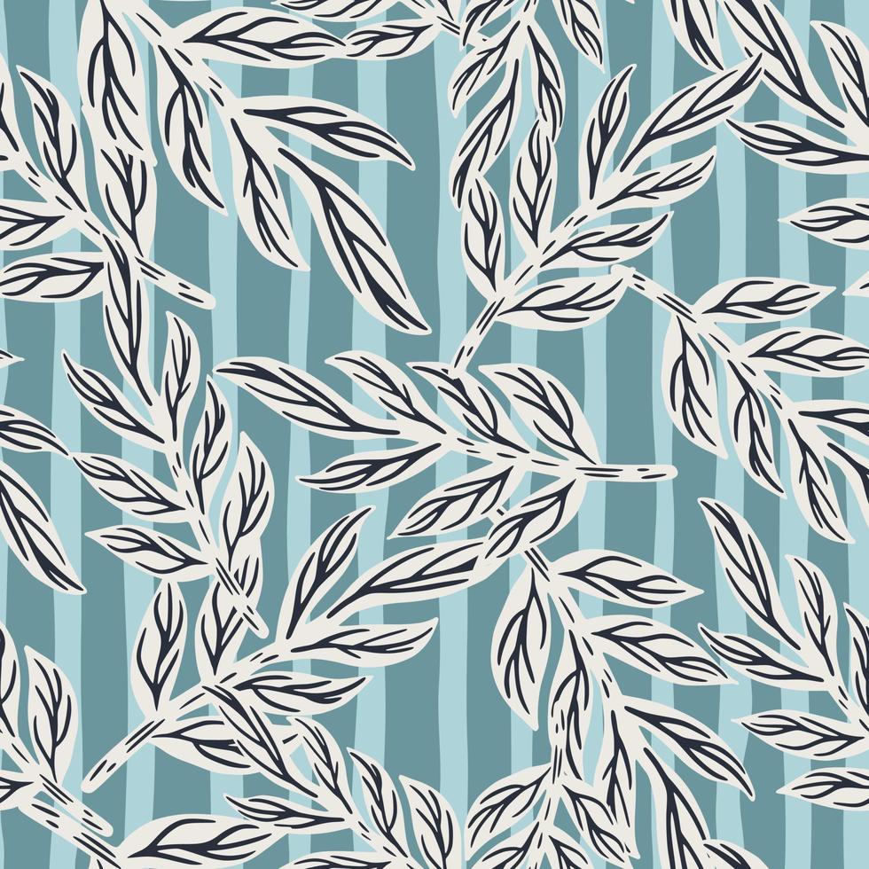 elementos de ramas de hojas tropicales de color gris aleatorio. fondo de rayas azules. ilustraciones dibujadas a mano por la naturaleza. vector