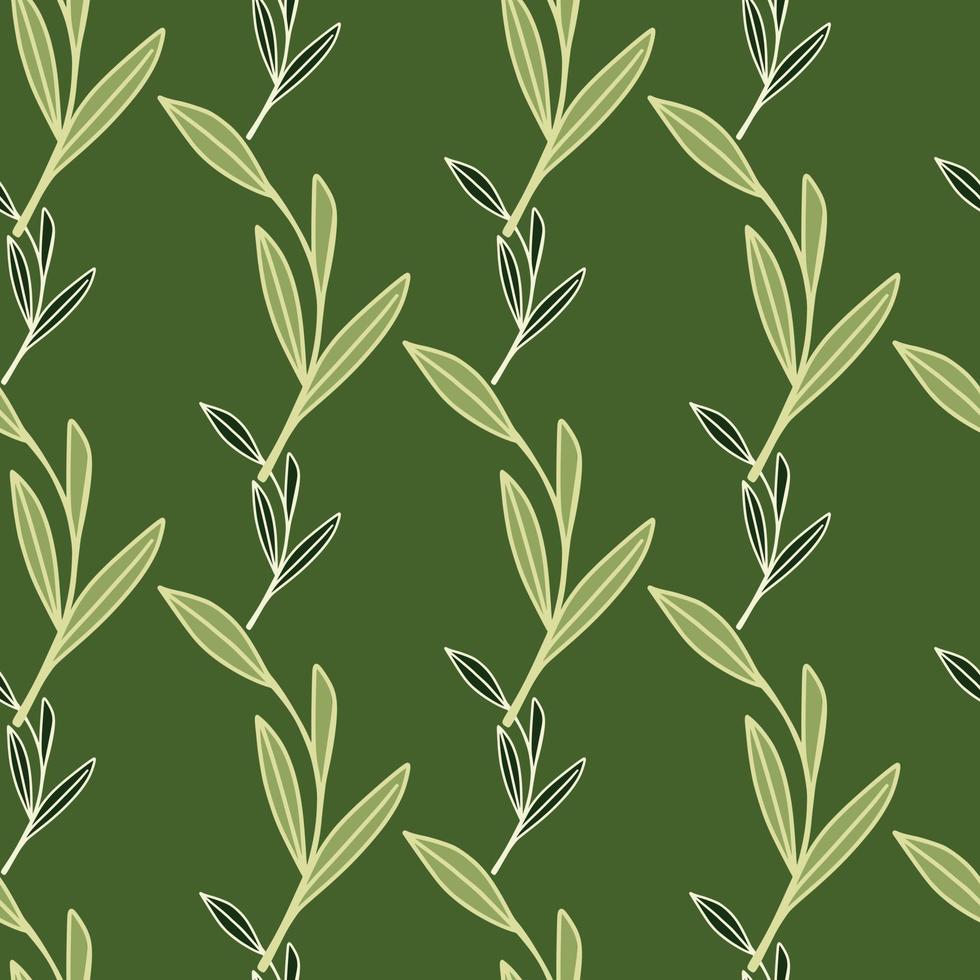 Doodle seamless pattern with decorative outline leaf branches foliage ornament. Green background. vector