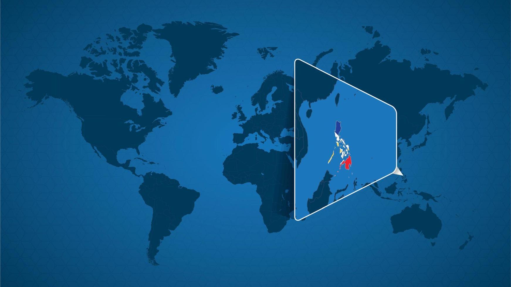 Detailed world map with pinned enlarged map of Philippines and neighboring countries. vector