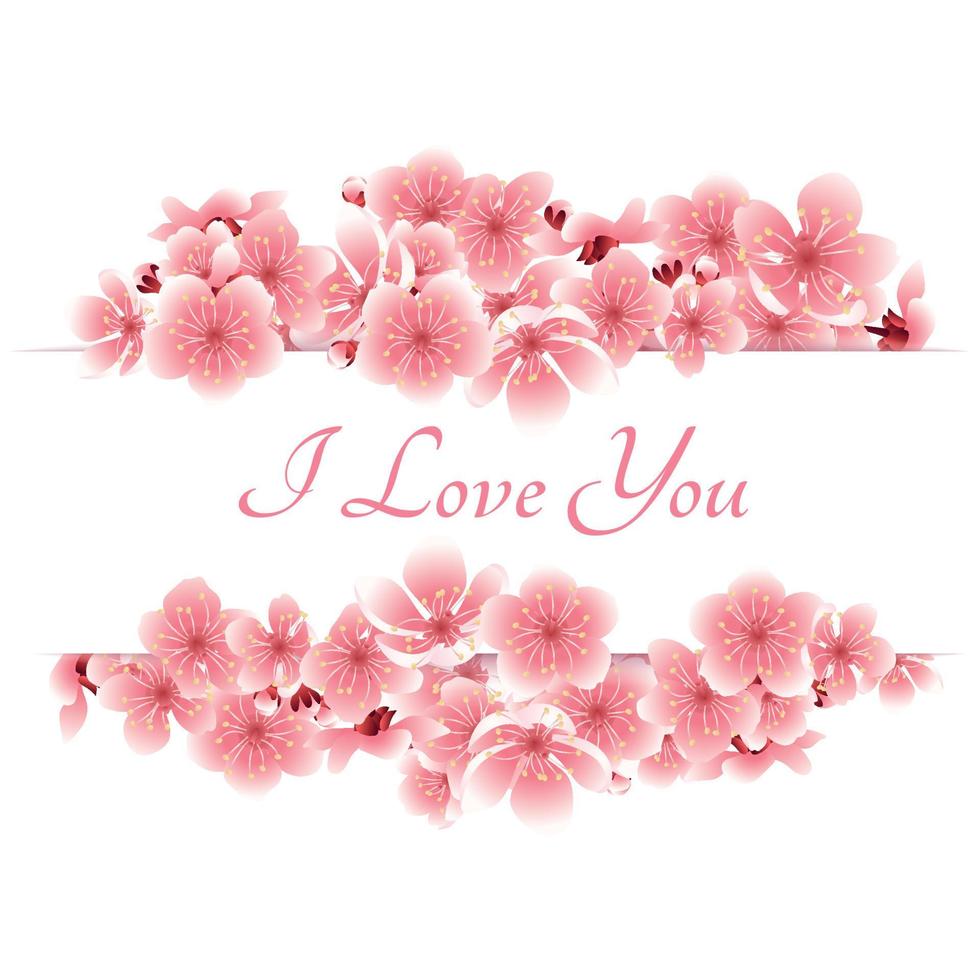 Vector greeting card template with flowers blossoms. For Valentine's day. Cherry flower spring banner with blooming sakura on the white background. I love you