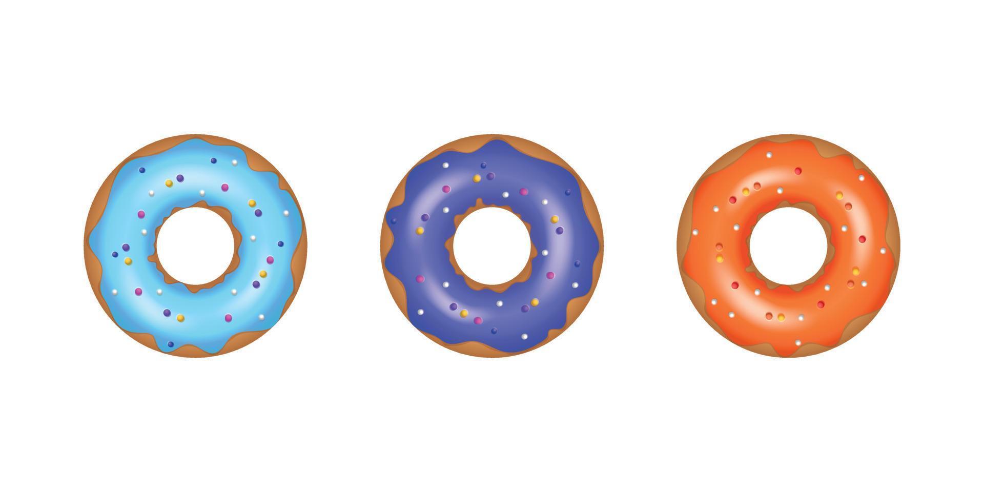 Set of cartoon colorful donuts. Bright delicious sweet doughnut with sugar caramel colored glaze and decorated with colorful decorative elements. Sinker for menu design, cafe decoration, delivery. vector