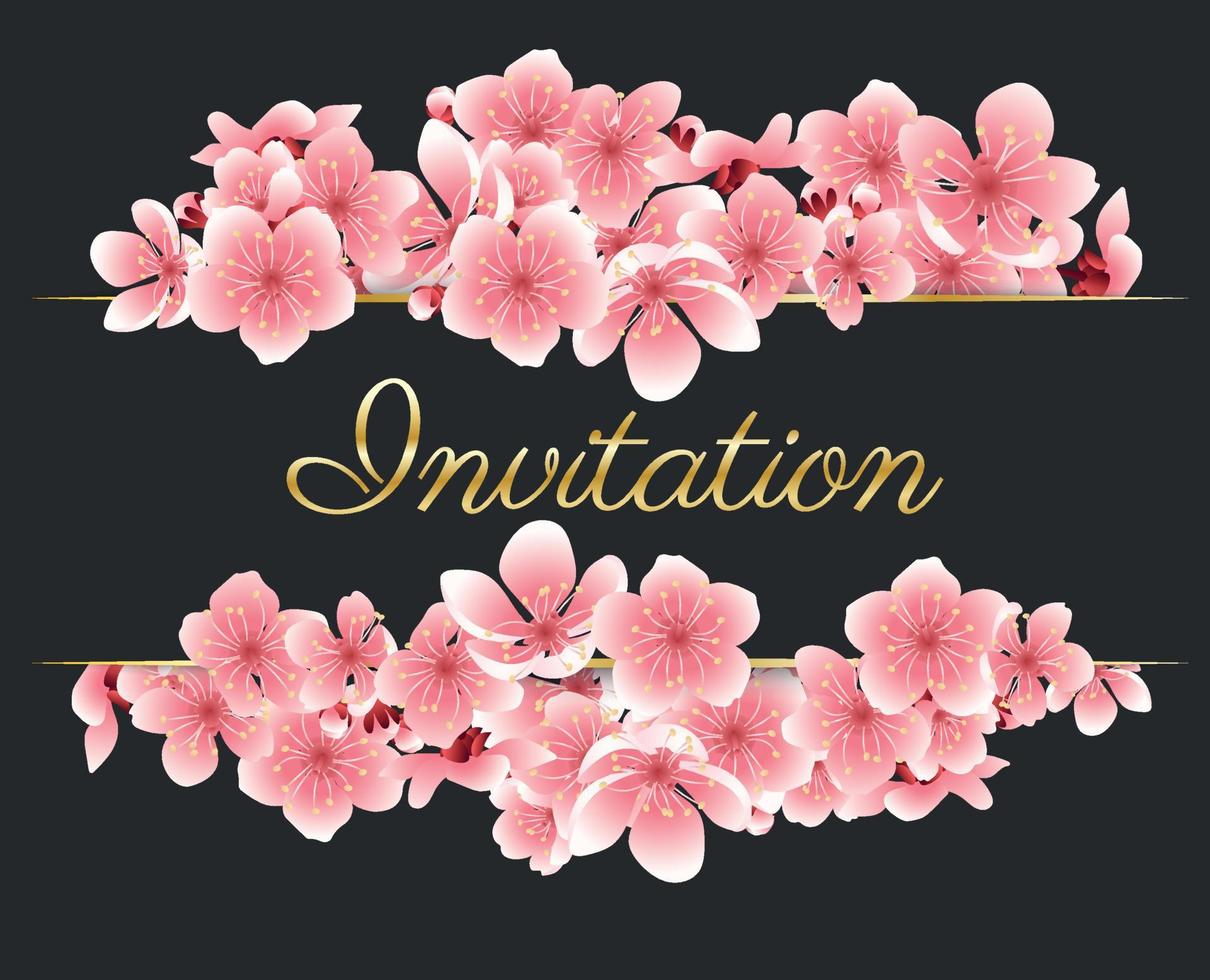 Vector greeting card template with flowers blossoms. For Valentine's day. Cherry flower spring banner with blooming sakura on the black background. Invitation for wedding Hanami