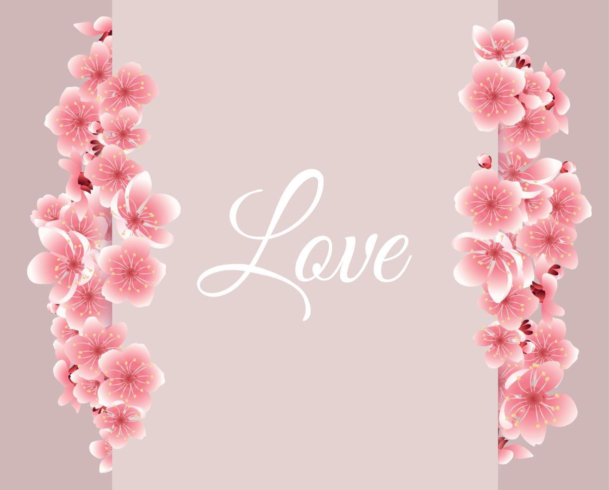 Vector greeting card template with flowers blossoms. For Valentine's day. Cherry flower spring banner with blooming sakura on the pastel background for wedding. Love