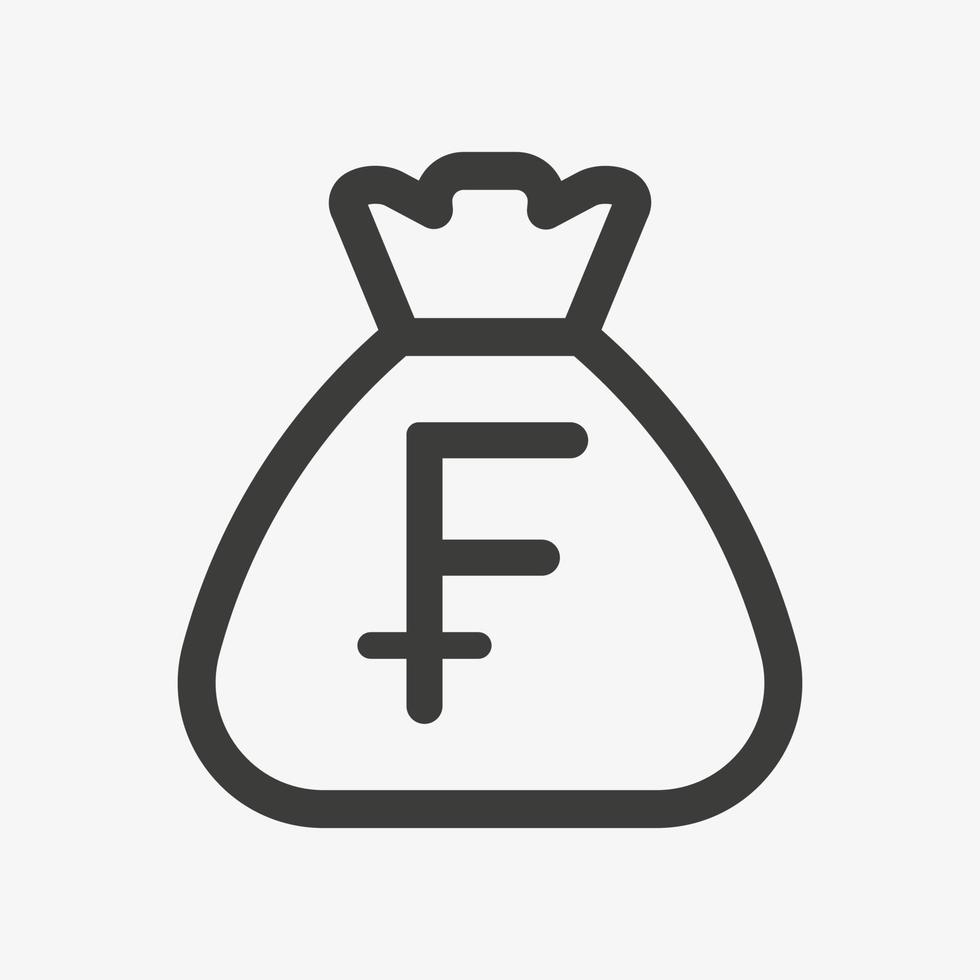 Swiss Franc icon. Sack with swiss franc isolated on white background. Money bag outline icon vector pictogram. Currency of Switzerland symbol.