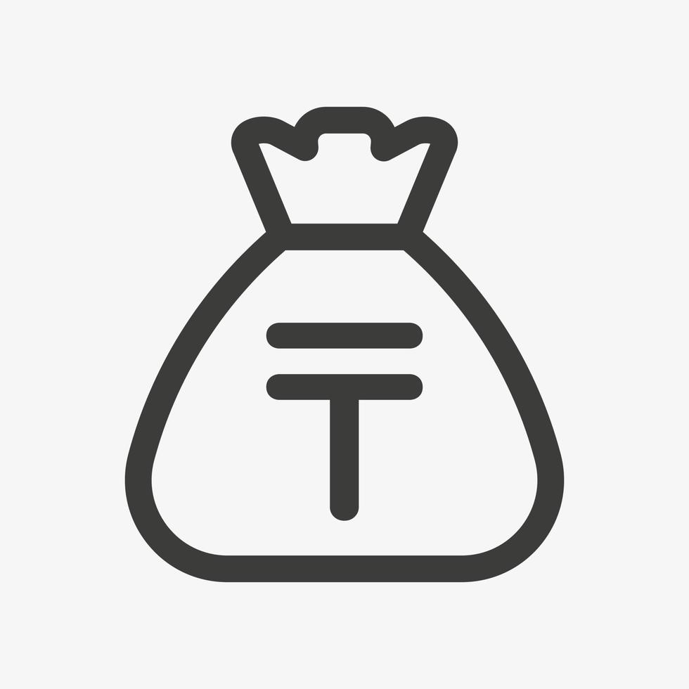 icono de tenge. saco con tenge kazajo aislado sobre fondo blanco. pictograma de vector de icono de contorno de bolsa de dinero. símbolo de moneda kazajo.