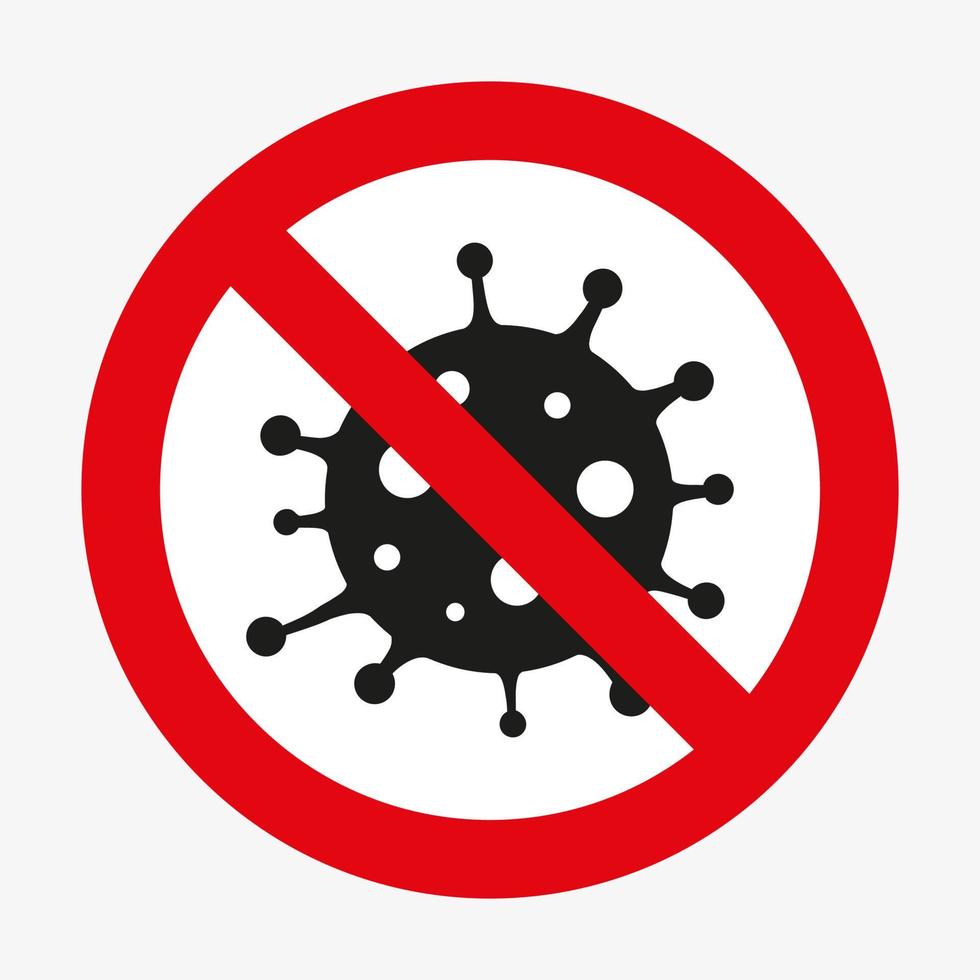 Vector symbol of a sign of red crossed circle and virus on white background. Dangerous viral cell.