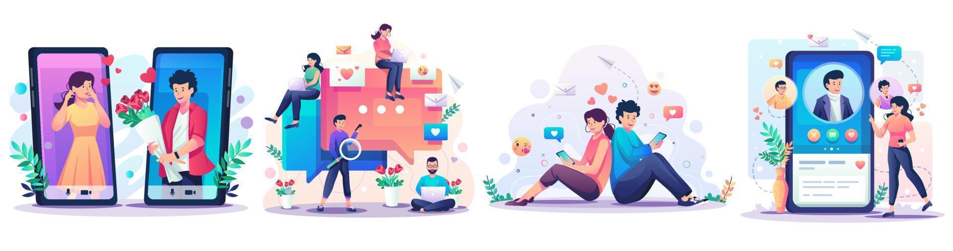 Set of Valentine's Day concept with romantic couple enjoying valentine's day. Online dating and social networking, virtual relationships concept flat style vector Illustration