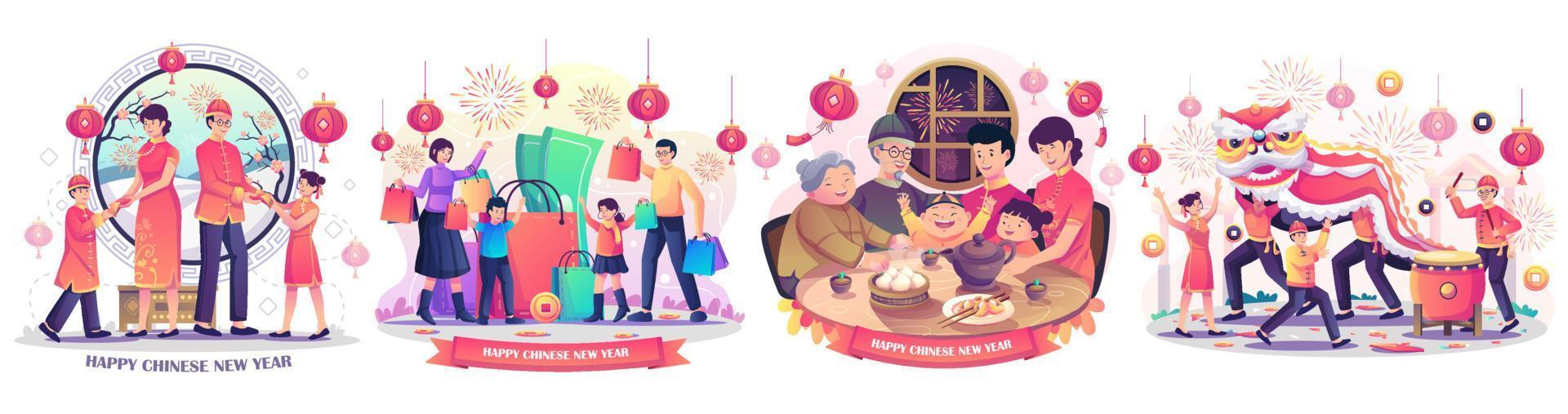 Set of Chinese New Year with Asian Family gathering is having a reunion dinner. children playing with a Chinese dancing lion. familiy online shopping. flat style vector Illustration