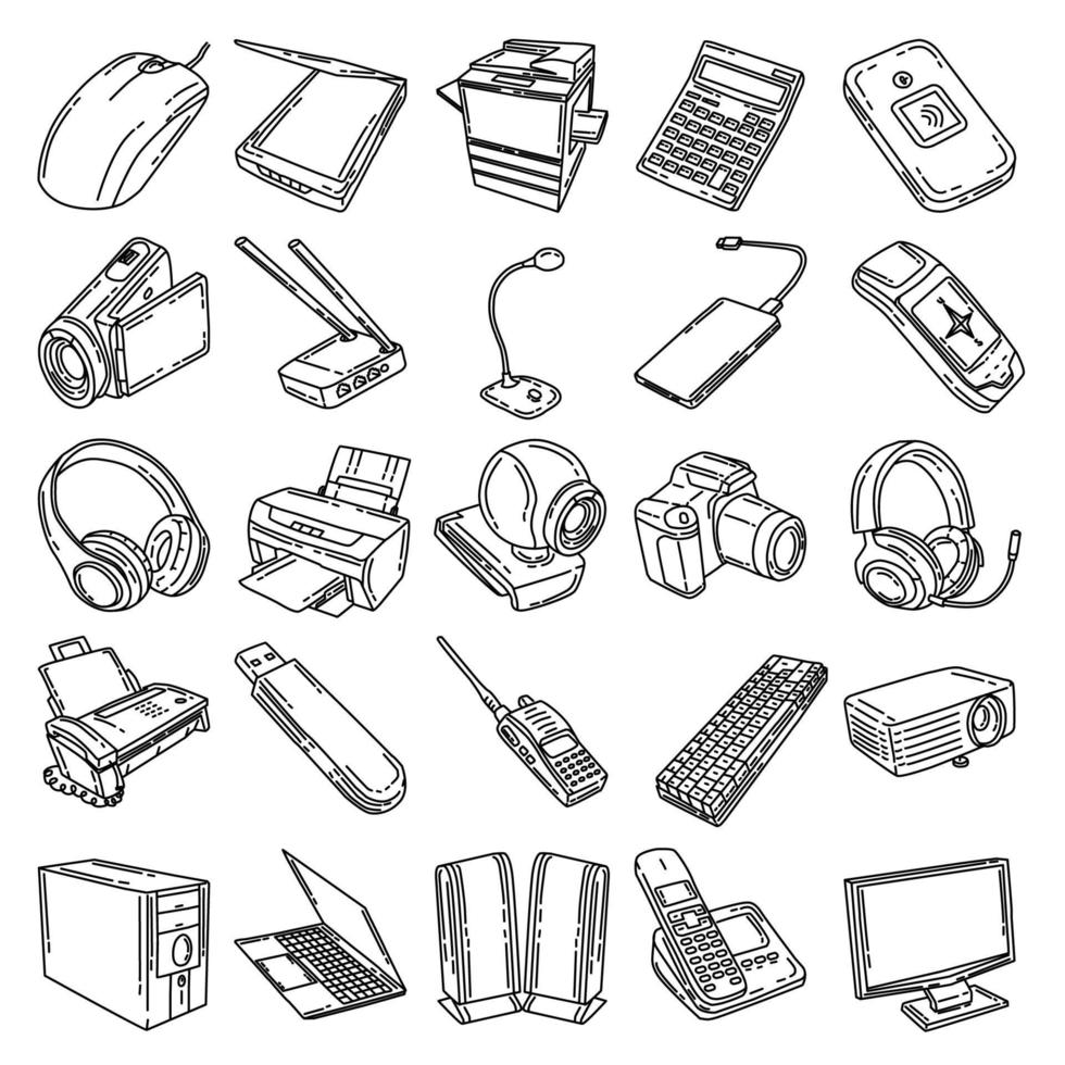 electrónico para dispositivo de oficina conjunto icono vector doodle dibujado a mano o estilo de icono de contorno.