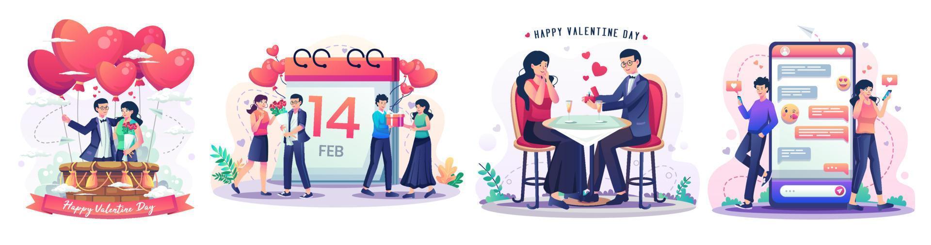 conjunto de concepto de día de san valentín con pareja romántica disfrutando del día de san valentín. citas en línea y redes sociales, concepto de relaciones virtuales ilustración vectorial de estilo plano vector