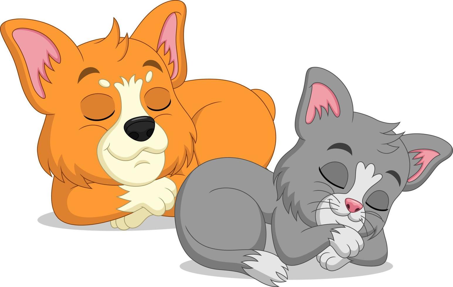 dibujos animados lindo gato y perro corgi durmiendo vector