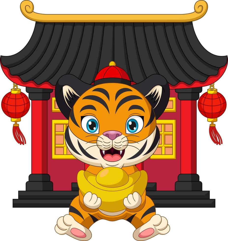 Cartoon tiger sitting in front chinese building vector