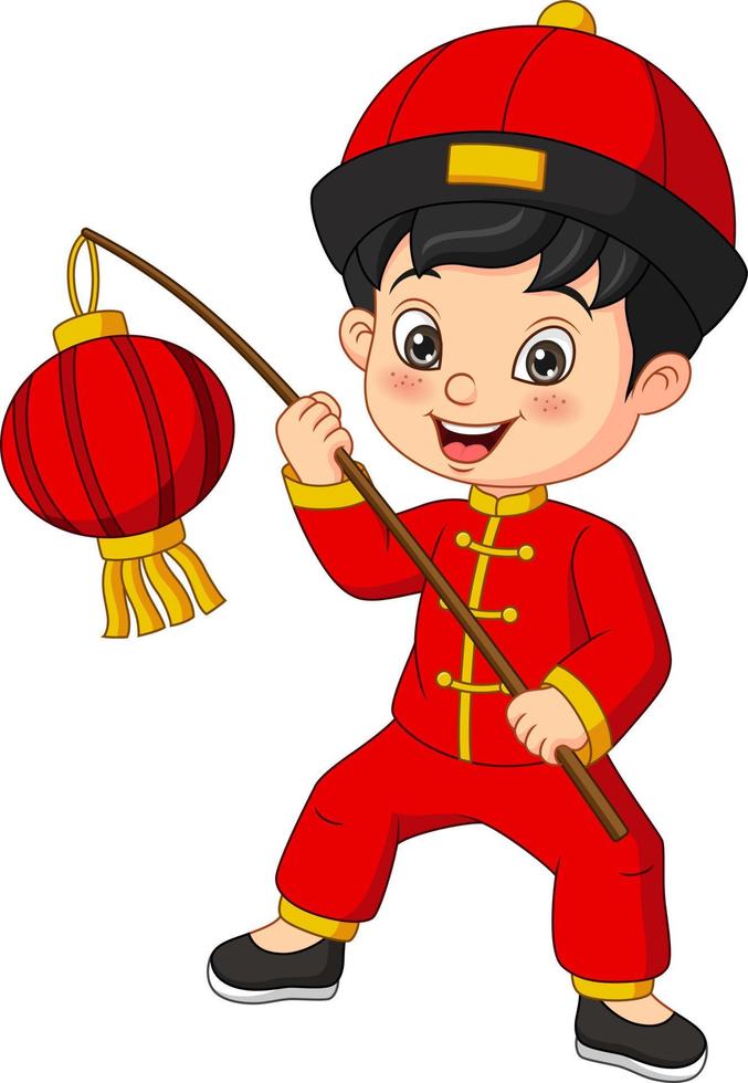 Cartoon happy boy holding chinese lantern vector