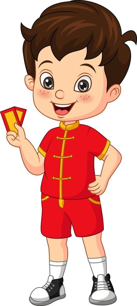 Cartoon happy chinese boy holding an envelope vector
