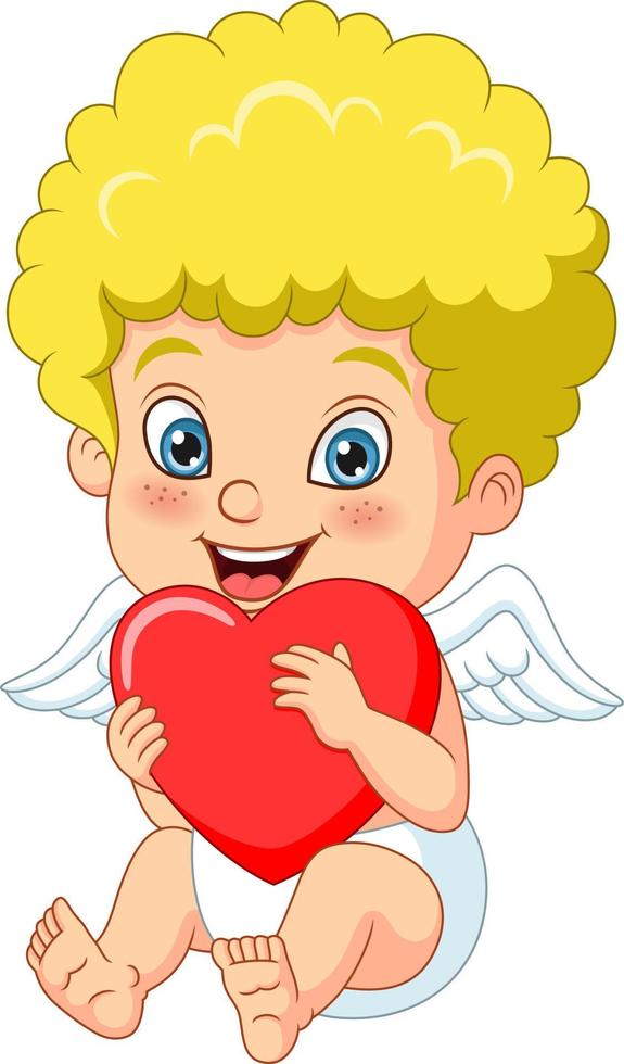 linda caricatura de cupido con corazones rojos vector