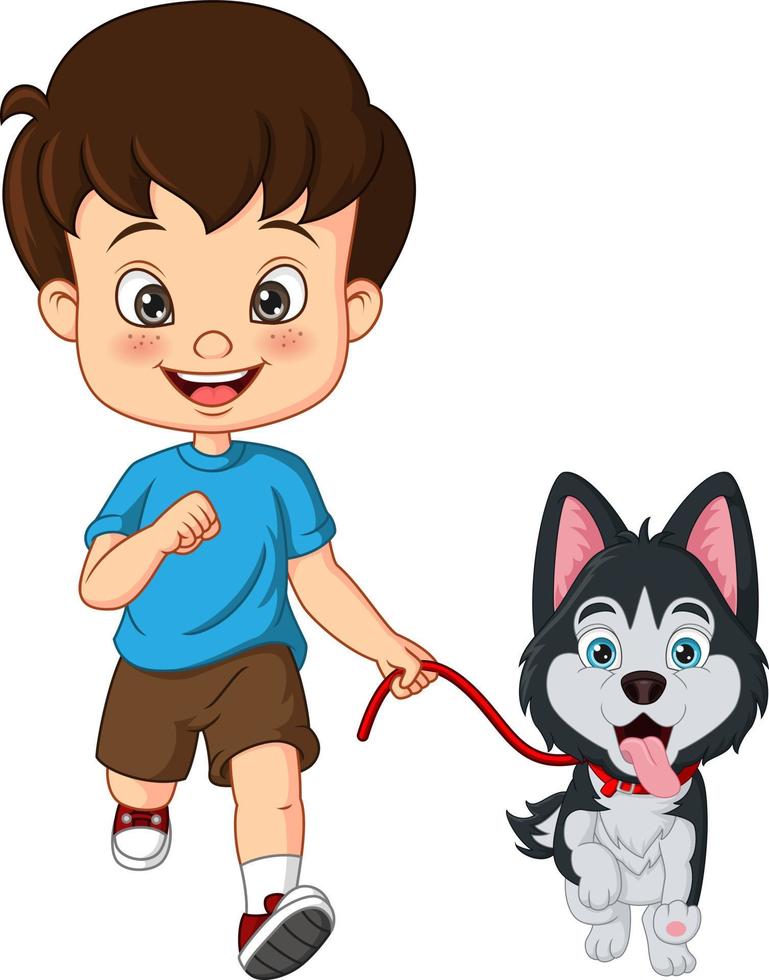 niño pequeño de dibujos animados jugando con perro vector