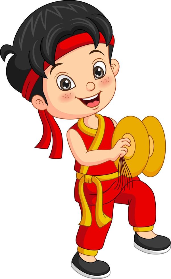 Cartoon chinese boy playing cymbals vector