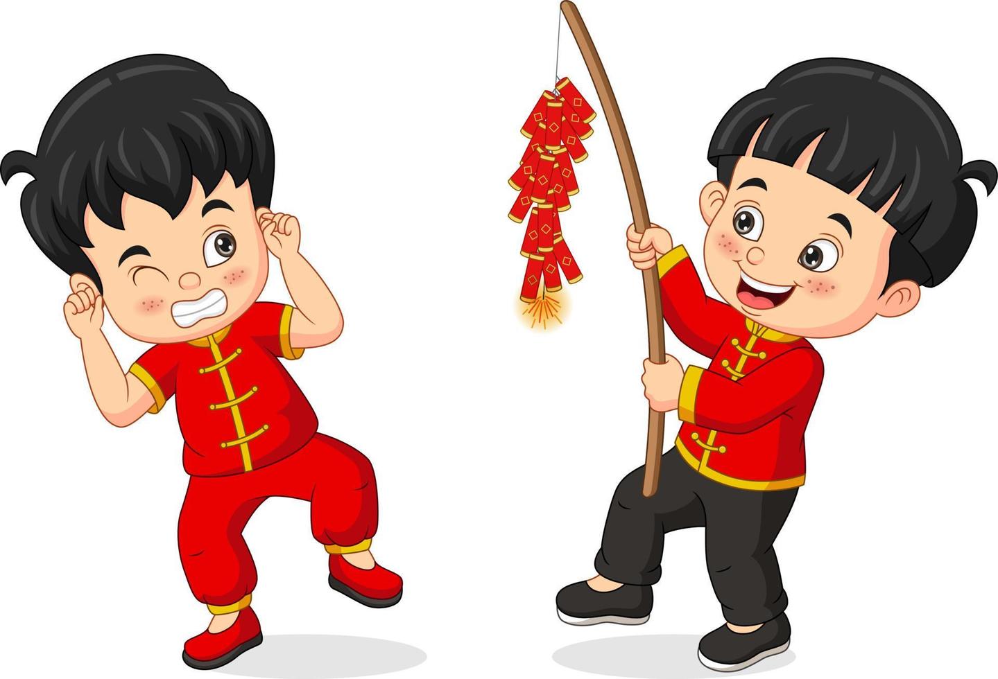niños chinos de dibujos animados con un petardo vector