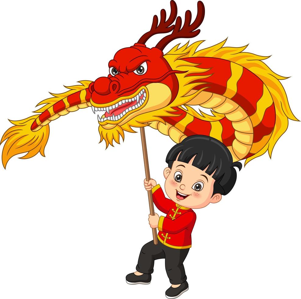 Cartoon chinese boy with lion dance vector