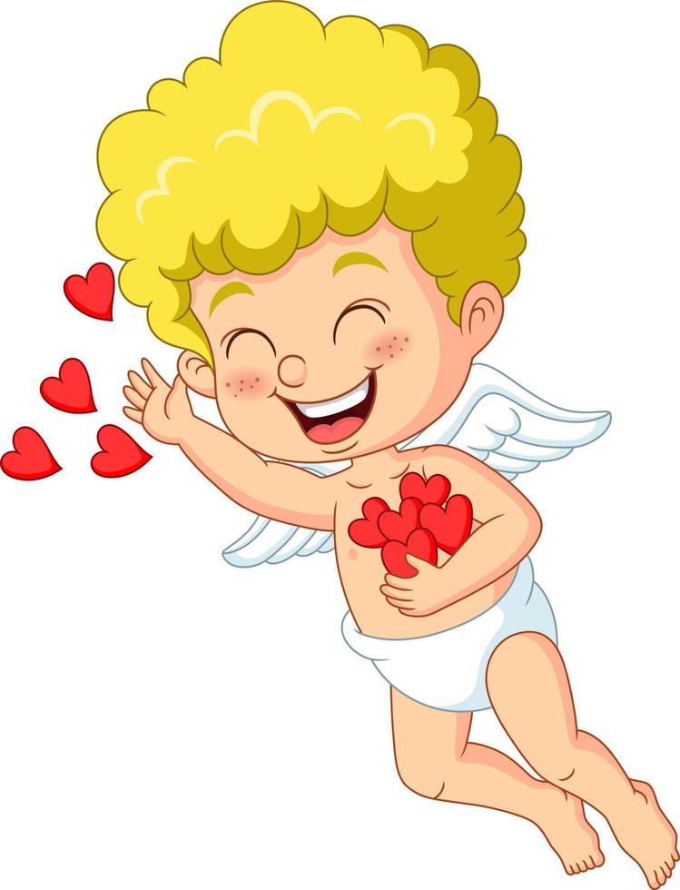 linda caricatura de Cupido con corazones rojos vector