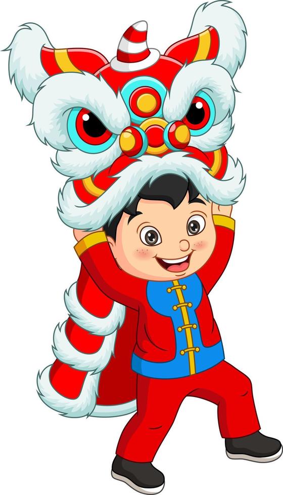 niño chino de dibujos animados con danza del león vector