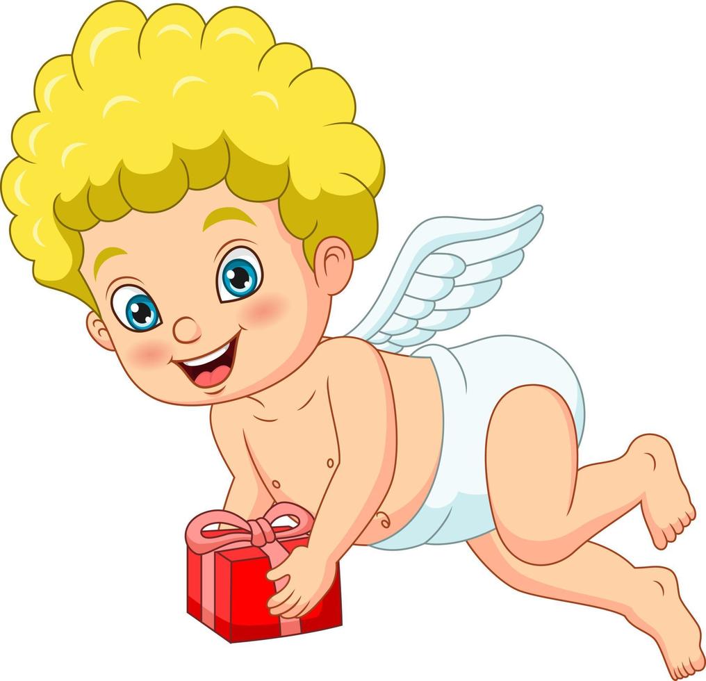 pequeño cupido lindo con caja de regalo roja vector