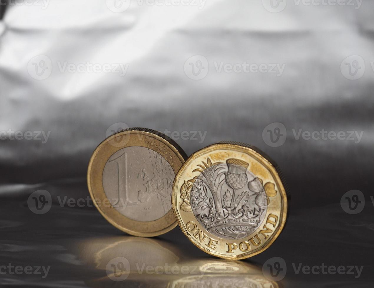 1 pound and 1 euro coin over metal background photo