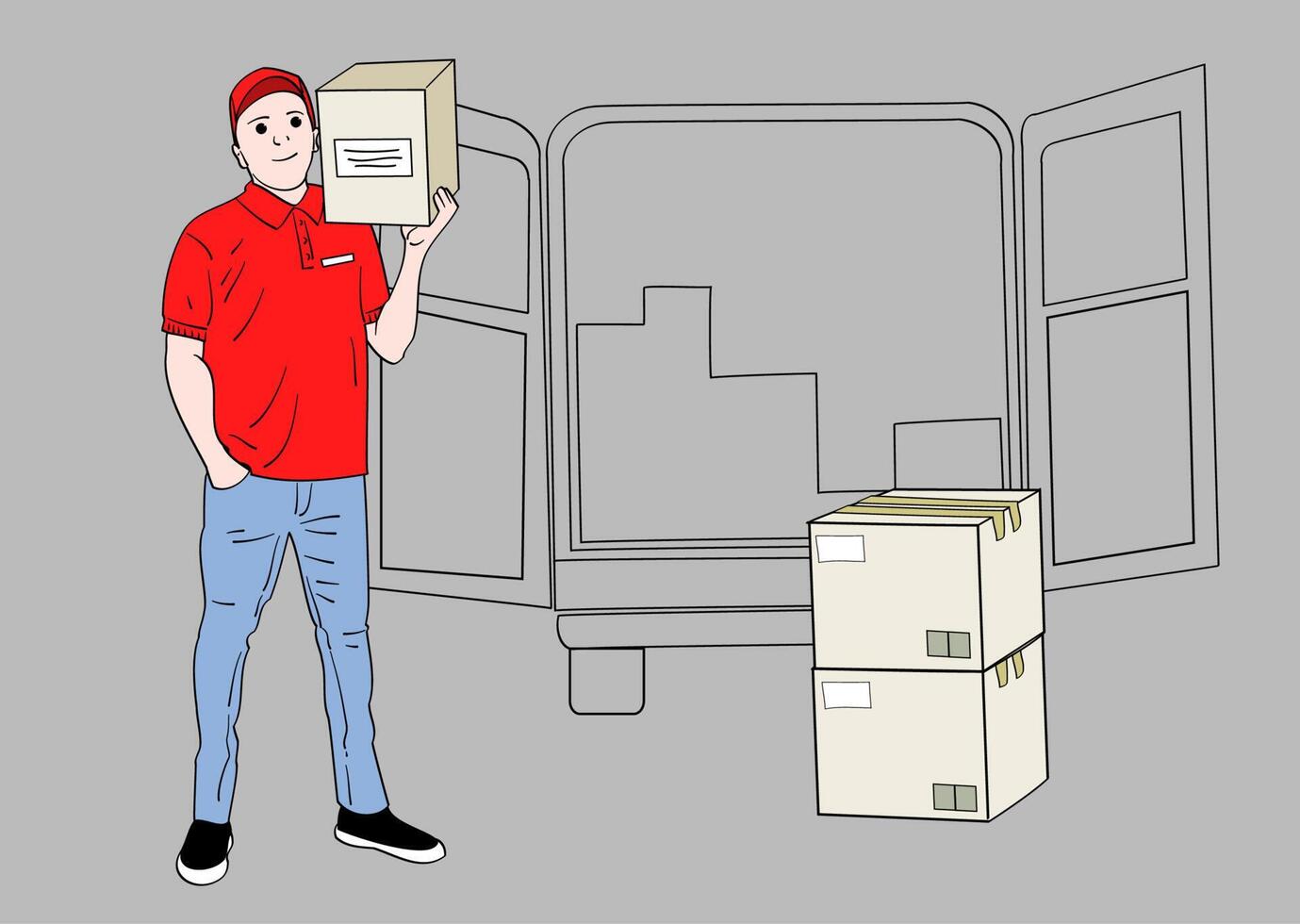 The delivery man stands in front of the delivery car, ready to deliver the goods. Hand drawn style vector design illustrations.