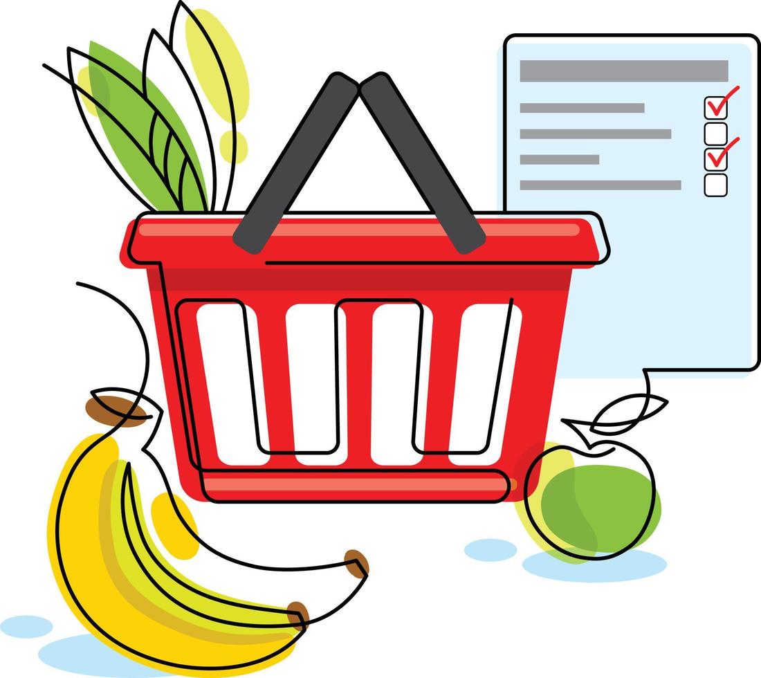 cesta de la compra con verduras y frutas, lista de la compra, plátano y manzana vector