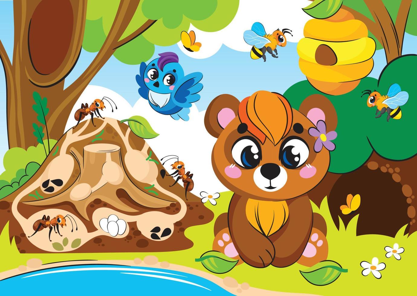 in a forest clearing, a bear sits next to a den, ants are in an anthill, a bird is next to a hollow, bees fly around the hive vector