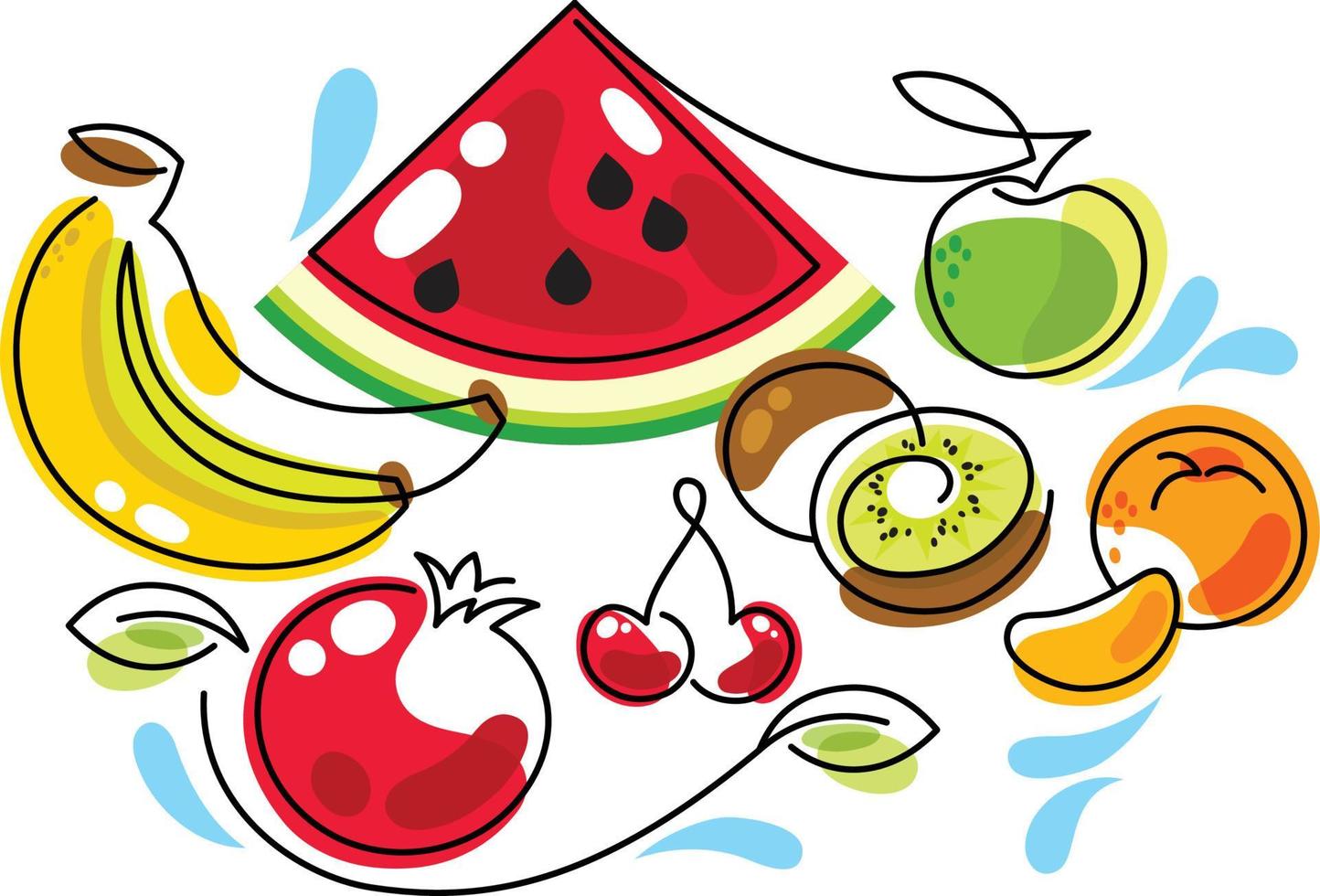 sandía, plátano, manzana, kiwi, mandarina, granada, cereza. linda ilustración simplificada de bayas y frutas. vector