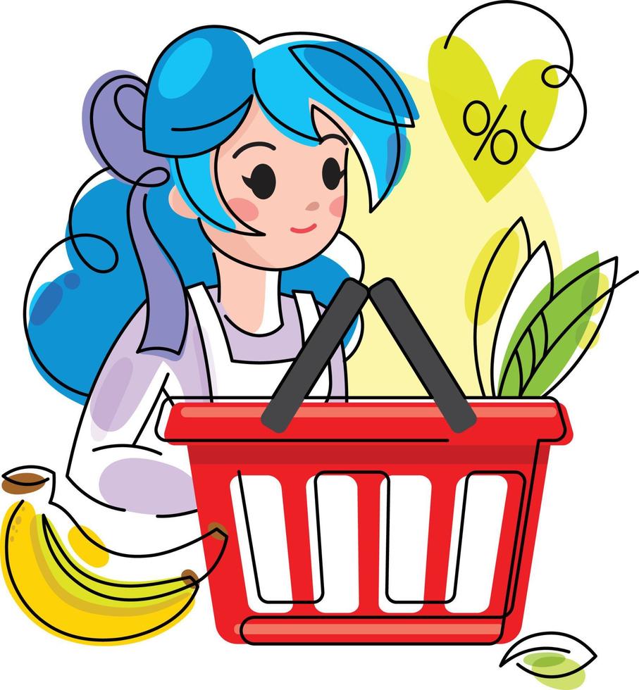 a young girl - the seller collects a grocery basket of vegetables and fruits. checkout area in the store. vector