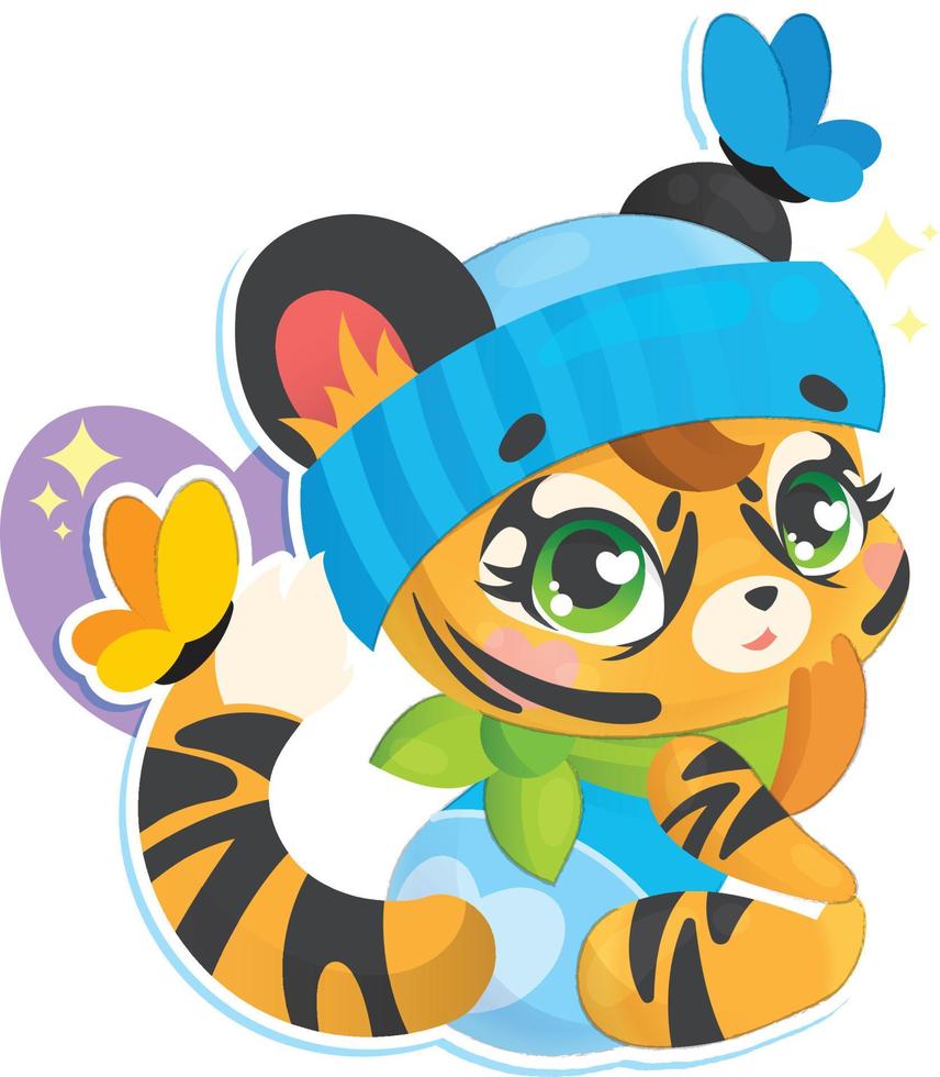 cute little tiger cub baby sits in a hat and scarf, butterflies fly around. baby illustration vector