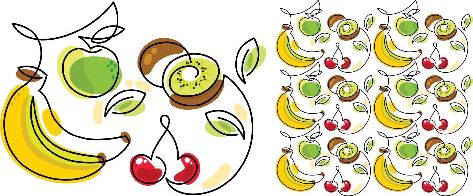 patrón repetitivo de plátano, kiwi, manzana y cereza. textura transparente vector
