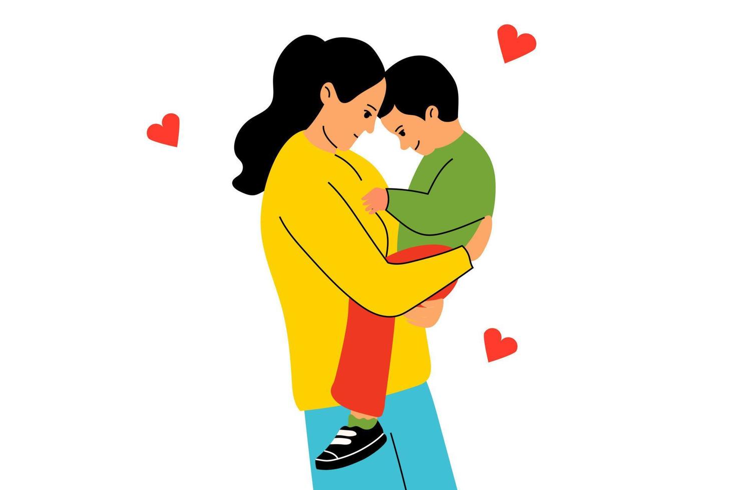 Mom holds her son in her arms. The concept of maternal love. Mom and Son vector