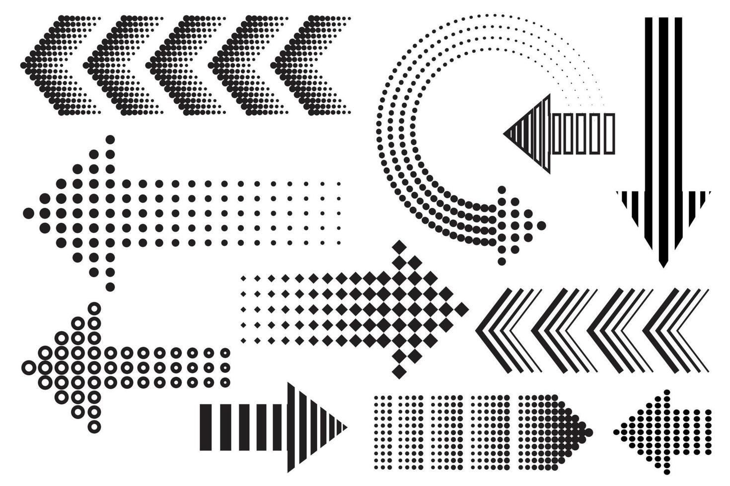 flechas de patrón de puntos, elementos de diseño de memphis de medio tono negro. Flecha de semitonos establece iconos vectoriales monocromáticos aislados sobre fondo blanco. vector