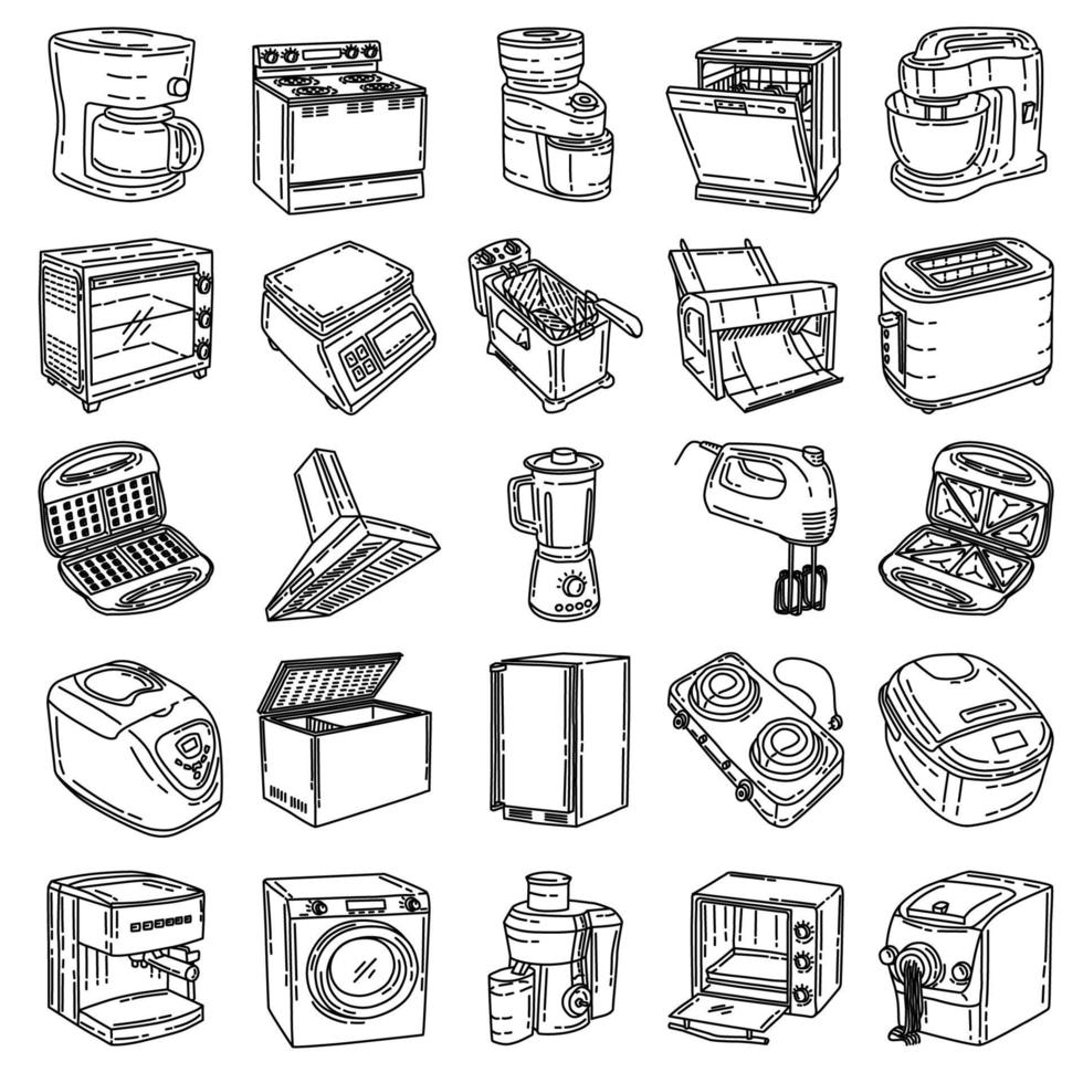 electrónico para cocina y dispositivo de lavado conjunto de iconos vector doodle dibujado a mano o estilo de icono de contorno.