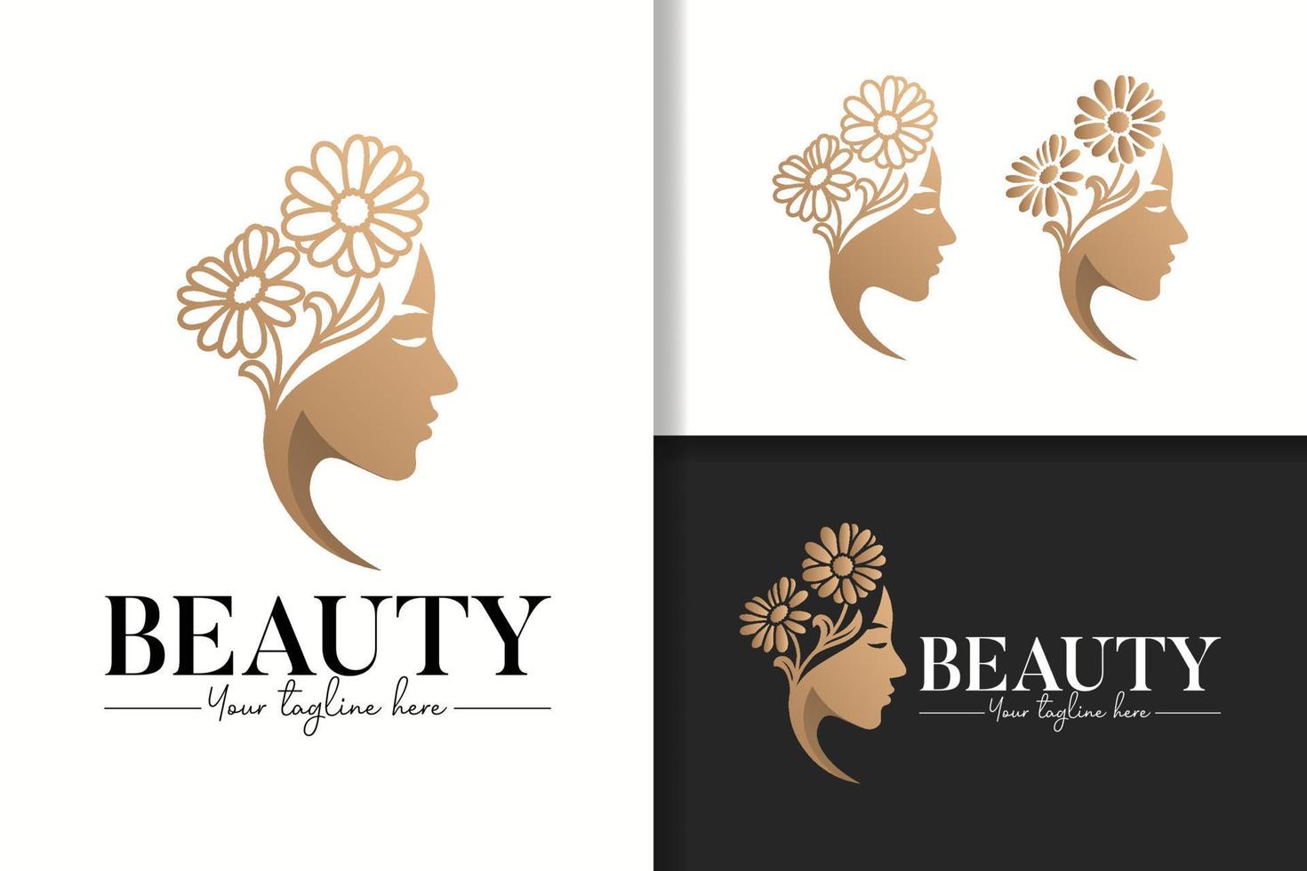 Beauty woman with sunflowers gold logo vector