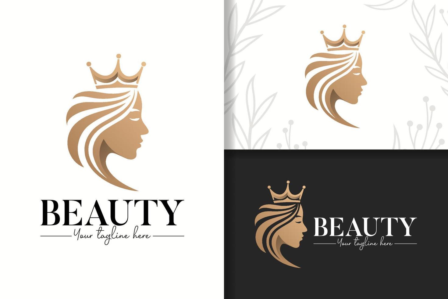Beauty woman with queen crown gold logo vector