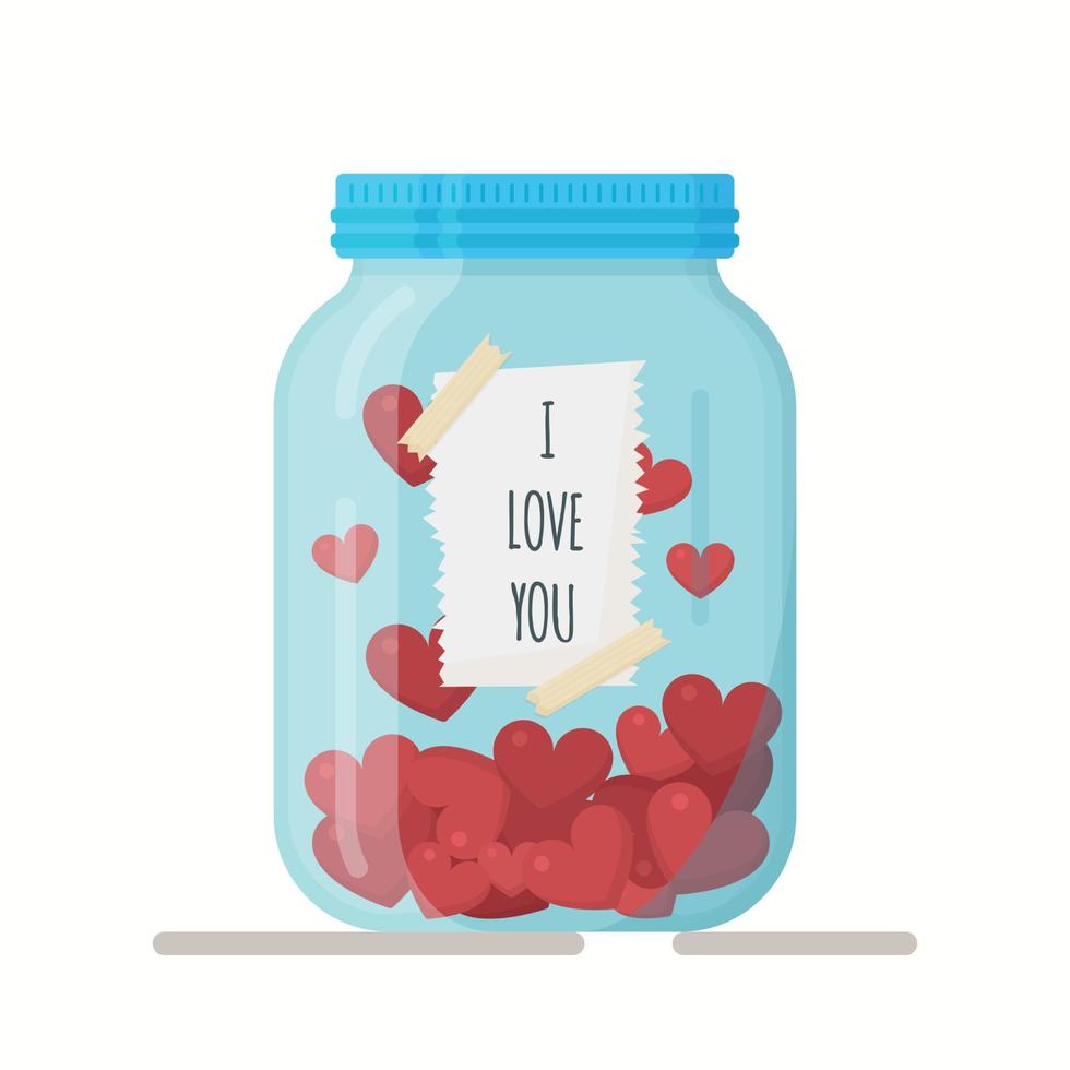 Vector illustration of a glass jar with love cards and notes. Valentine's Day design element. Flat illustration with a jar and hearts.